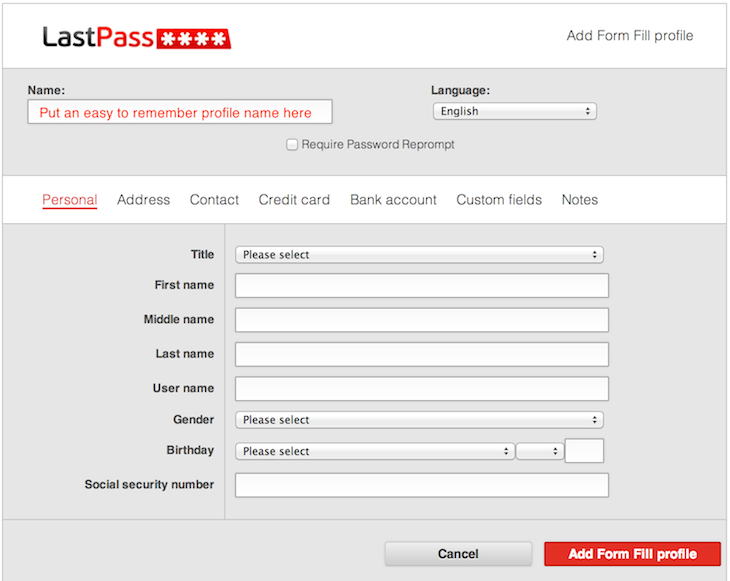 First screen of the Last Pass profile