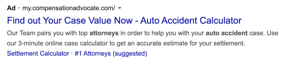 Google Ad for a lawyer where the advertiser pays for each click